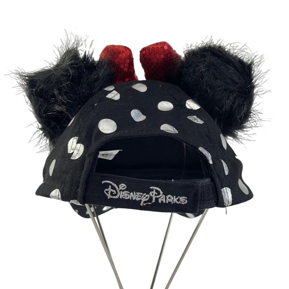 Disney Minnie Mouse Polka Dot Pom Pom Black Baseball Cap with red bow - Picture 3 of 5